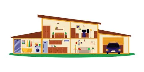 Building interior plan in cross section cut, modern two story house with garage Ilustración de archivo