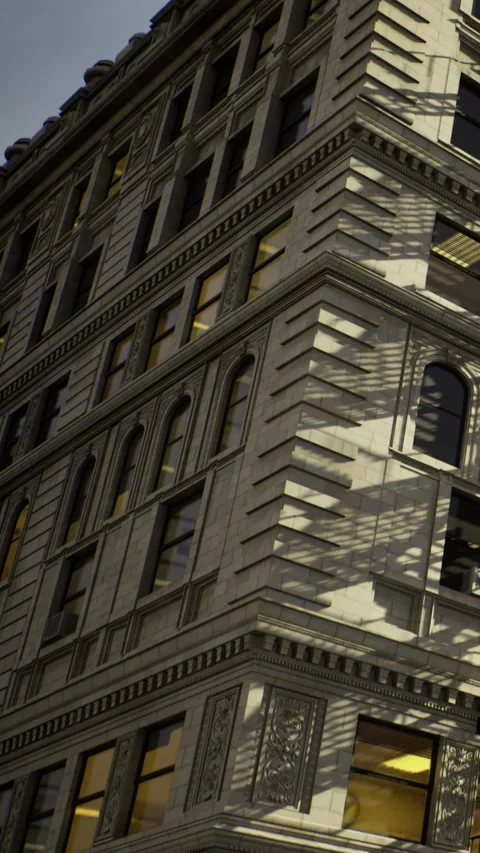Building with intricate design during late afternoon in urban area Stock Footage 336166196