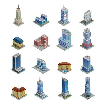 Building Isometric Icons Set Ilustración de archivo