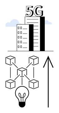 Building labeled 5G on rooftop, interconnected blocks, upward arrow, light bu Stock Illustration