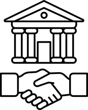 A building with a large door and pillars is shown with two hands shaking Ilustración de archivo