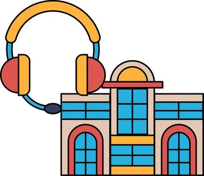A building with a large window and a pair of headphones on top of it Ilustración de archivo