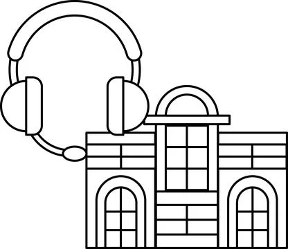 A building with a large window and a pair of headphones on top of it Ilustración de archivo