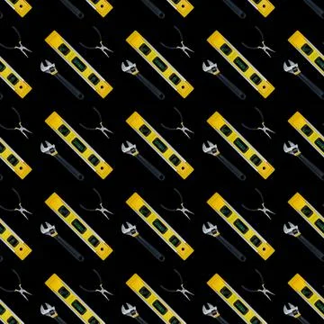 Building level and tools seamless pattern isolated on black background. Stock Photos