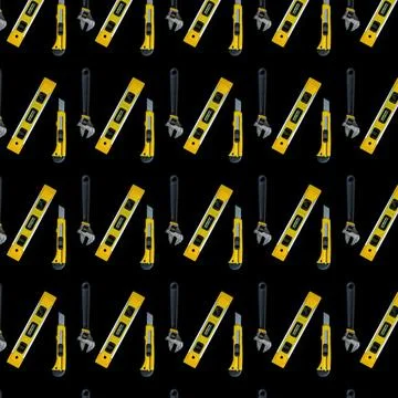Building level and tools seamless pattern isolated on black background. Stock Photos