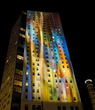 Building with light pattern during lightshow glow Stock Photos