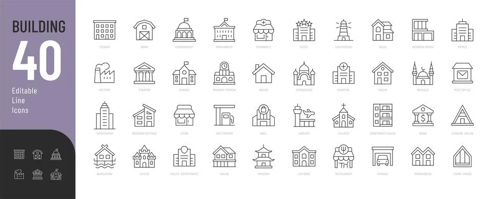 Building Line Editable Icons set. Stock Illustration