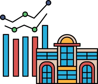 A building with a line graph above it Ilustración de archivo