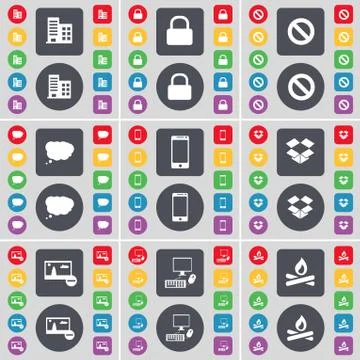 Building, Lock, Stop, Chat cloud, Smartphone, Dropbox, Picture, PC, Campfire ico Stock Illustration