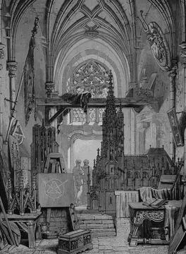 A building lodge construction for the building of a Gothic cathedral a guild Ilustración de archivo