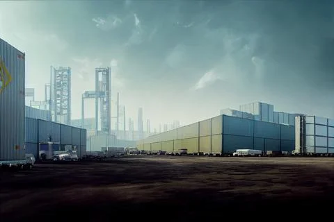 The building of the logistics center. Commodity containers. Ilustración de archivo