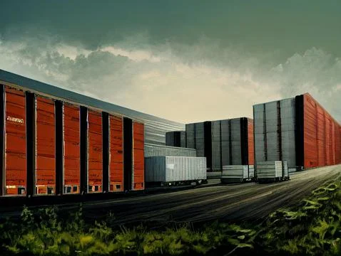 The building of the logistics center. Commodity containers. Ilustración de archivo