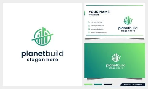 Building logo design with planet space concept and business card template Stock Illustration