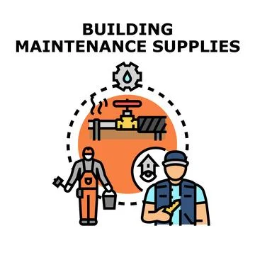 Building maintenance supplies concept with workers and service icons Ilustración de archivo