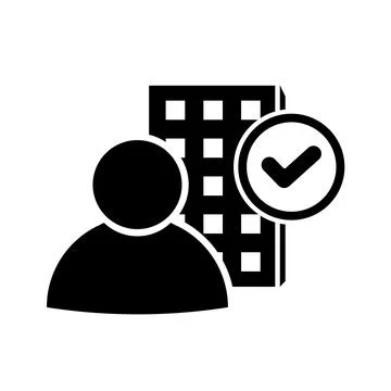 Building with man and check mark icon Black filled Stock Illustration