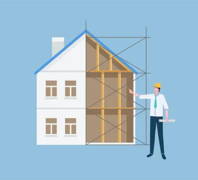 Building Manager with Plan Scheme for Construction Ilustración de archivo