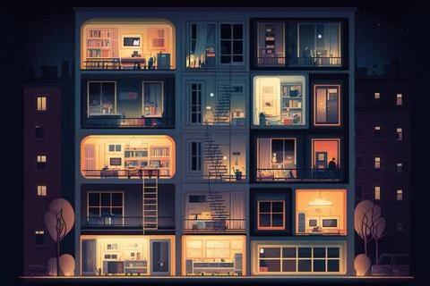 A building with many windows and lights at night time with a lot of windows.. Ilustración de archivo