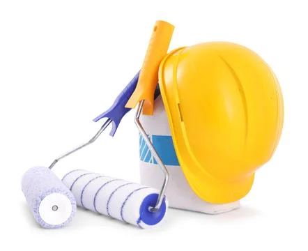 Building material, hardhat and different construction tools isolated on white Fotos de archivo