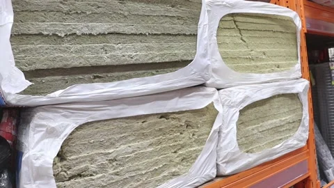 Building material in a hardware store. Insulation, stacks of insulation Stock Footage 229652473