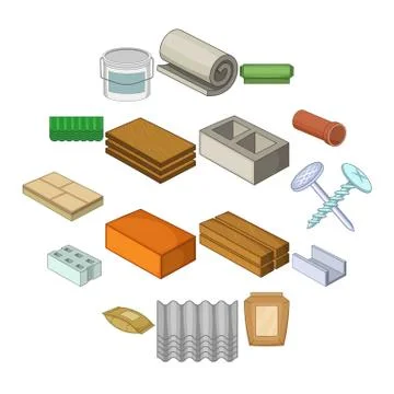Building material icons set, cartoon style Ilustración de archivo