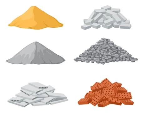 Building material piles. Red and lime brick, cement heaps. Gravel pile and Ilustración de archivo