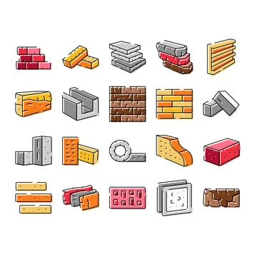 Building materials brick and masonry icon collection Stock Illustration