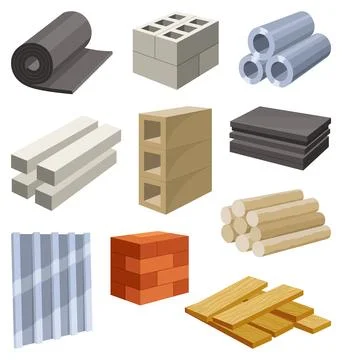 Building materials for construction sites or renovation works. Bricks, planks Ilustración de archivo