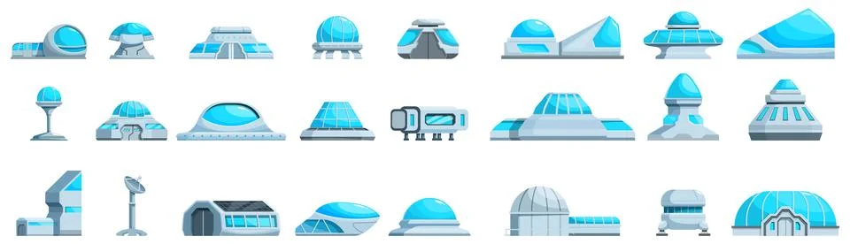 Building moon base icons set. Futuristic buildings showing modern space sta.. Ilustración de archivo