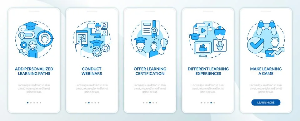 Building online training programs blue onboarding mobile app screen Ilustración de archivo