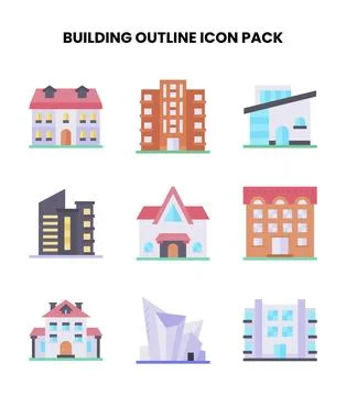 Building Outline Flat Bundle Icons Pack Stock Illustration