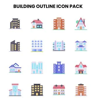 Building Outline Flat Collection Icons Pack Ilustración de archivo