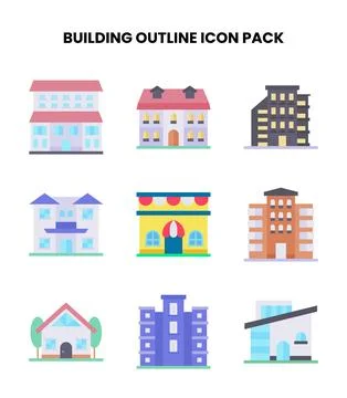 Building Outline Flat Icons Pack Stock Illustration