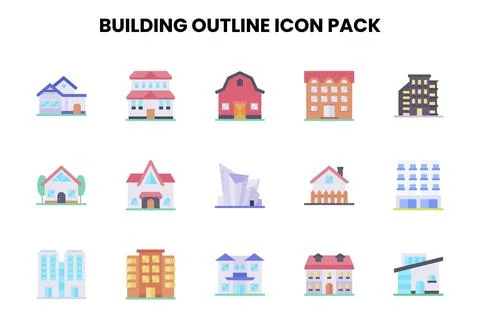 Building Outline Flat Set Icons Pack Stock Illustration