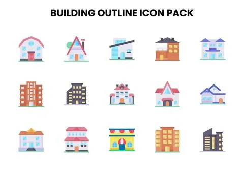 Building Outline Flat Vector Icons Pack Ilustración de archivo