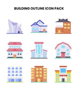 Building Outline Flat Vector Icons Pack Stock Illustration