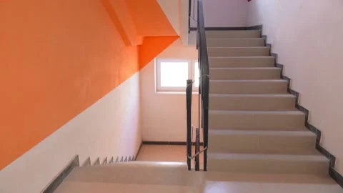 Building panel house interior with entryway and flight stairs. Stock Footage 117568786