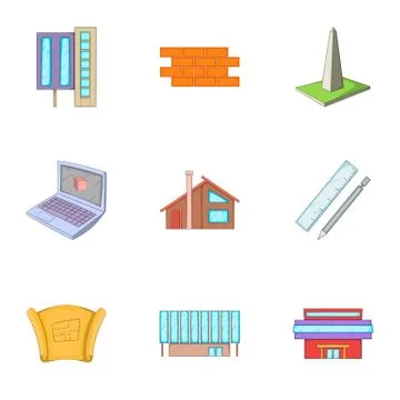 Building plan icons set, cartoon style Ilustración de archivo