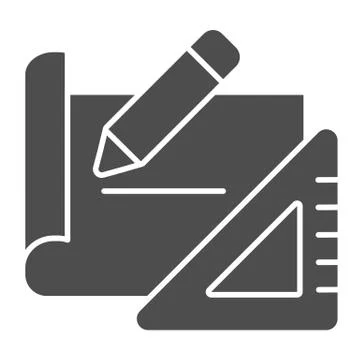 Building plan solid icon. Project tools, paper with pencil and ruler symbol Ilustración de archivo