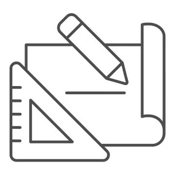 Building plan thin line icon. Project tools, paper with pencil and ruler symbol Ilustração Stock