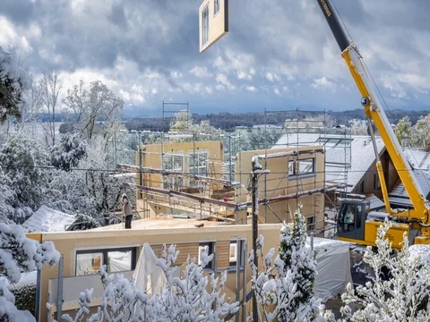 Building of a prefabricated house Stock Footage 71243911