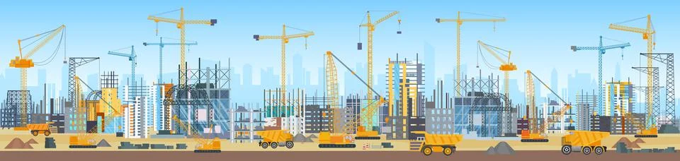 Building process on city construction site with materials and equipment, tower Stock-Illustration
