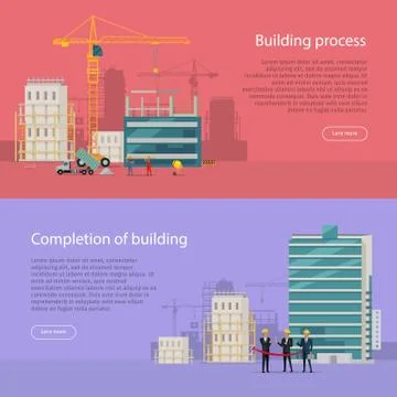 Building Process. Completion of Building. Vector Ilustración de archivo