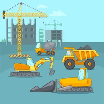 Building process concept trucks, cartoon style Ilustración de archivo