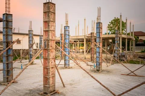 Building process of a house column in construction site on housing project Stock Photos