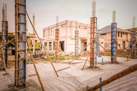 Building process of a house column in construction site on housing project Stock Photos