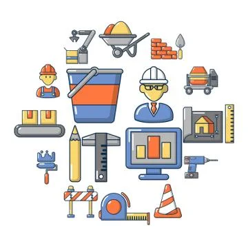 Building process icons set, cartoon style Ilustración de archivo