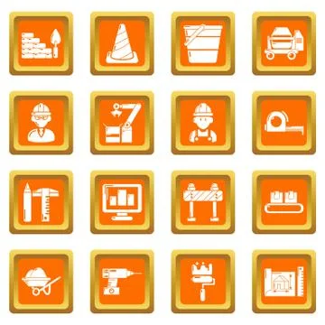 Building process icons set orange square vector Ilustración de archivo