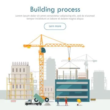 Building Process. Unfinished Building. Crane Ilustración de archivo
