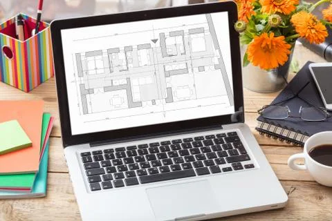 Building project blueprint plan on a computer screen. Architect designer offi Stock Illustration