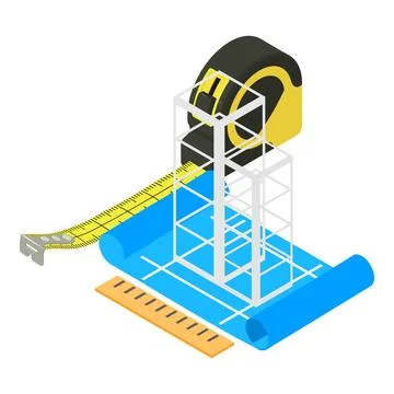 Building project icon isometric vector. Building structure and measuring ruler Ilustración de archivo